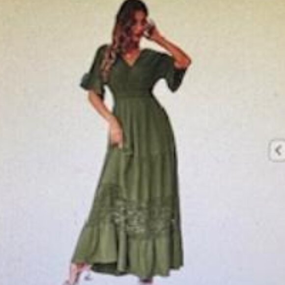 Simplee V Neck Formal Lace Maxi Dress Ruffle Flowy Short Sleeve Boho Green NWT S - Picture 1 of 8